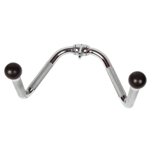 Chrome steel V-shaped cable attachment with knurled handles and black rubber ends for gym workouts