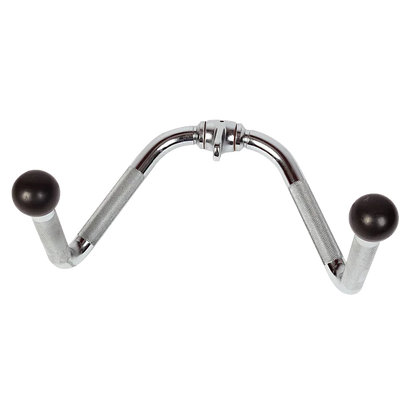 Chrome steel V-shaped cable attachment with knurled handles and black rubber ends for gym workouts