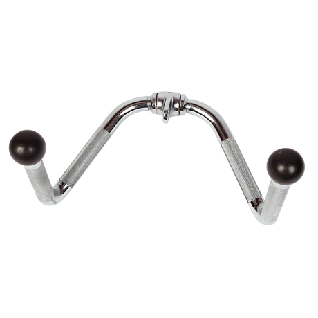 Chrome steel V-shaped cable attachment with knurled handles and black rubber ends for gym workouts