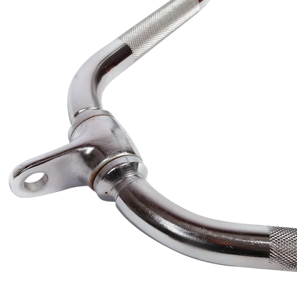 Close-up of chrome-plated curved workout handle with knurled grips and swivel attachment
