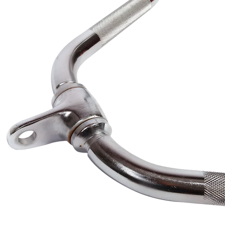 Close-up of chrome-plated curved workout handle with knurled grips and swivel attachment