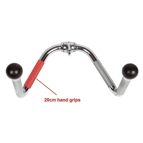 Chrome V-bar gym cable attachment with 20cm textured hand grips and rubber end caps