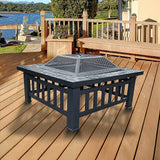 Square Metal Fire Pit 46cm Outdoor Patio BBQ Brazier Powder-Coated with Mesh Lid