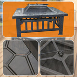Square Metal Fire Pit 46cm Outdoor Patio BBQ Brazier Powder-Coated with Mesh Lid