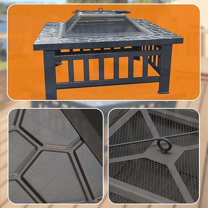 Square Metal Fire Pit 46cm Outdoor Patio BBQ Brazier Powder-Coated with Mesh Lid