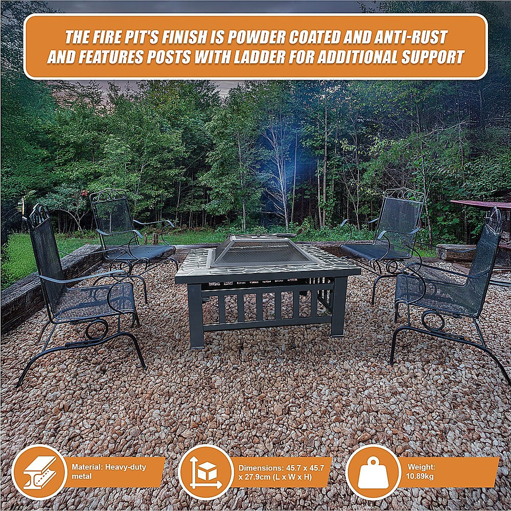 Square Metal Fire Pit 46cm Outdoor Patio BBQ Brazier Powder-Coated with Mesh Lid