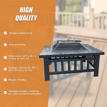 Square Metal Fire Pit 46cm Outdoor Patio BBQ Brazier Powder-Coated with Mesh Lid