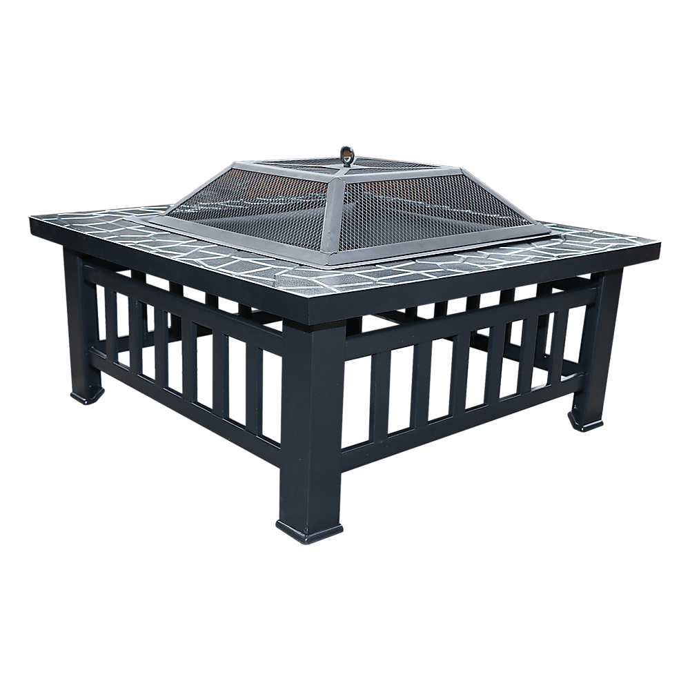 Square Metal Fire Pit 46cm Outdoor Patio BBQ Brazier Powder-Coated with Mesh Lid