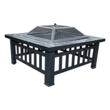 Square Metal Fire Pit 46cm Outdoor Patio BBQ Brazier Powder-Coated with Mesh Lid