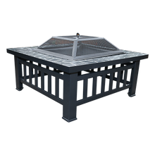 Square Metal Fire Pit 46cm Outdoor Patio BBQ Brazier Powder-Coated with Mesh Lid