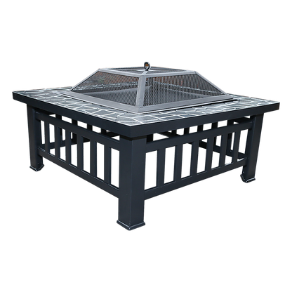 Square Metal Fire Pit 46cm Outdoor Patio BBQ Brazier Powder-Coated with Mesh Lid