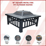 Square Metal Fire Pit 46cm Outdoor Patio BBQ Brazier Powder-Coated with Mesh Lid