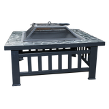 Square Metal Fire Pit 46cm Outdoor Patio BBQ Brazier Powder-Coated with Mesh Lid