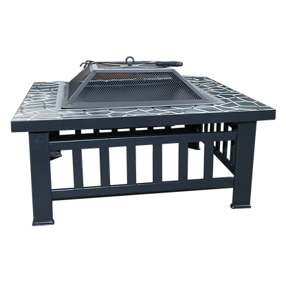 Square Metal Fire Pit 46cm Outdoor Patio BBQ Brazier Powder-Coated with Mesh Lid