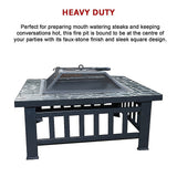 Square Metal Fire Pit 46cm Outdoor Patio BBQ Brazier Powder-Coated with Mesh Lid