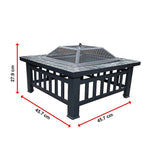 Square Metal Fire Pit 46cm Outdoor Patio BBQ Brazier Powder-Coated with Mesh Lid