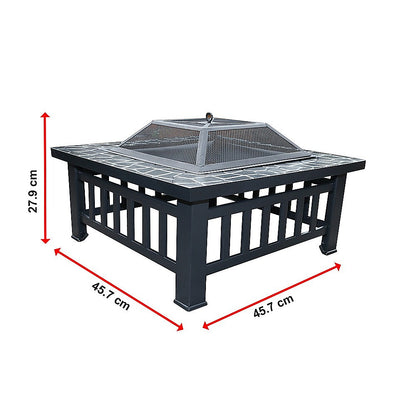 Square Metal Fire Pit 46cm Outdoor Patio BBQ Brazier Powder-Coated with Mesh Lid