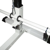 White metal adjustable support frame with hooks and clamps for pole mounting