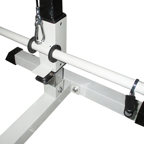 White metal adjustable support frame with hooks and clamps for pole mounting