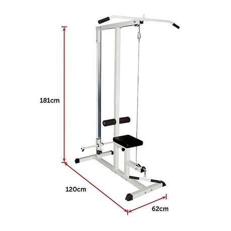 White lat pulldown machine with black seat, dimensions 181x120x62cm, home gym equipment