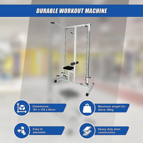 Durable workout machine with steel frame, seat pad, and pulley, gym equipment features listed.