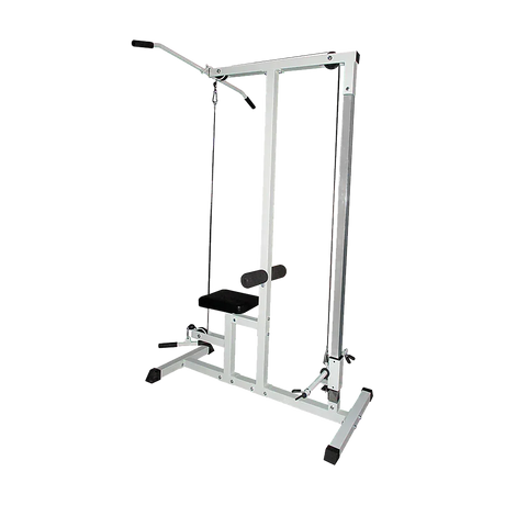 Lat pulldown machine with padded seat and adjustable bar for home gym strength training
