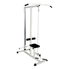 Lat pulldown machine with white frame and black seat for home gym strength training