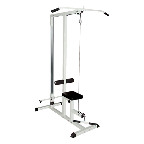 Lat pulldown machine with white frame and black seat for home gym strength training