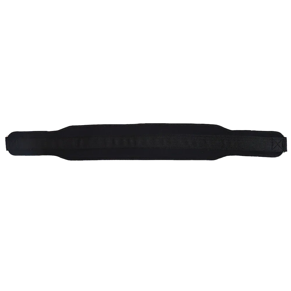 Black padded weightlifting belt with adjustable strap for back support and fitness