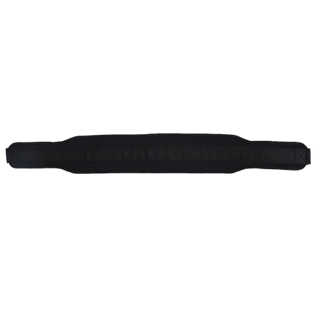 Black padded weightlifting belt with adjustable strap for back support and fitness
