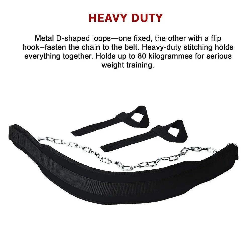 Black heavy-duty weightlifting dip belt with metal chain and wrist straps for strength training
