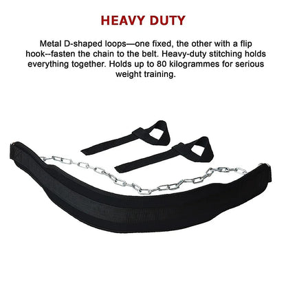 Black heavy-duty weightlifting dip belt with metal chain and wrist straps for strength training