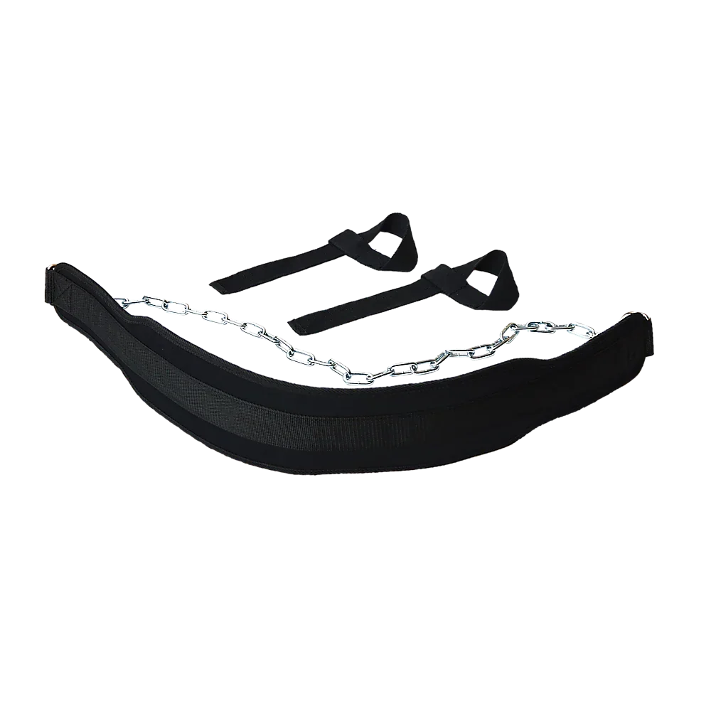 Black padded dip belt with attached metal chain and two black lifting straps