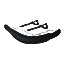 Black padded dip belt with attached metal chain and two black lifting straps