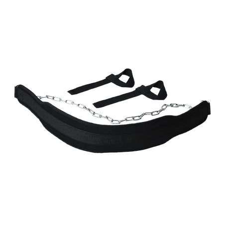 Black padded dip belt with attached metal chain and two black lifting straps