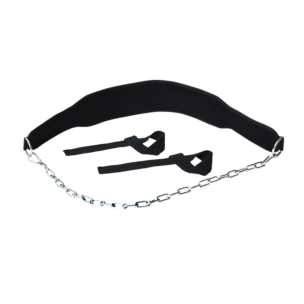 Black metal dip belt with silver chain and black ankle straps for weight lifting