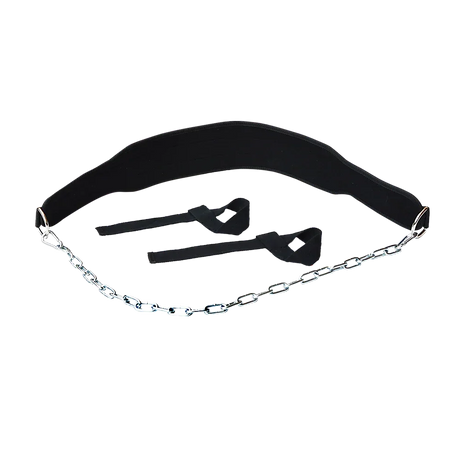 Black metal dip belt with silver chain and black ankle straps for weight lifting