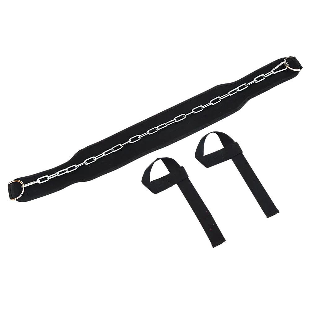 Black dip belt with silver chain and two black wrist straps on white background