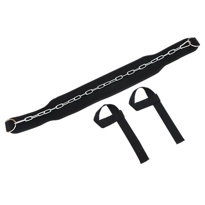 Black dip belt with silver chain and two black wrist straps on white background
