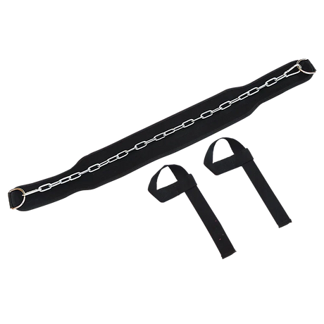 Black dip belt with silver chain and two black wrist straps on white background