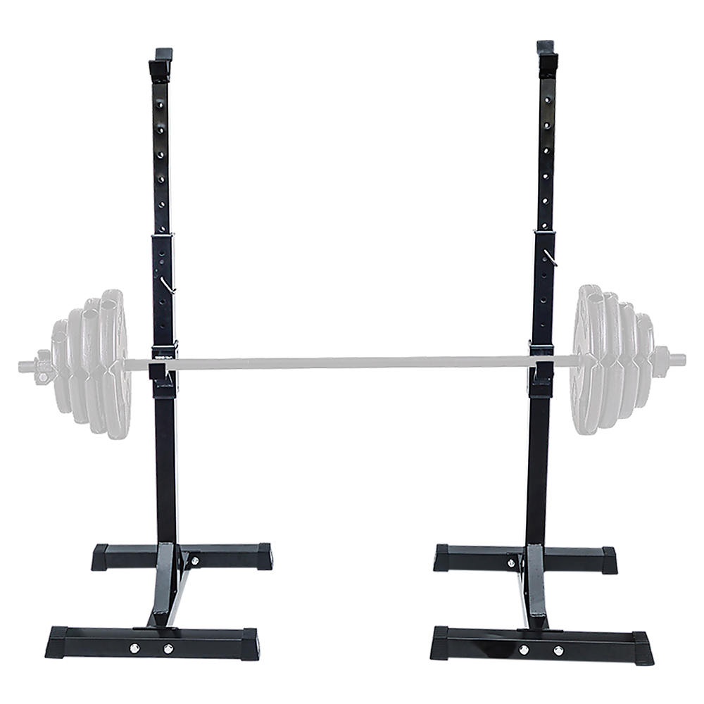 Black adjustable squat rack with barbell and weight plates for home gym strength training