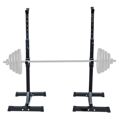 Black adjustable squat rack with barbell and weight plates for home gym strength training