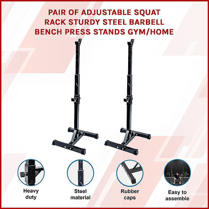 Adjustable squat rack pair, sturdy steel, gym/home use, heavy duty, easy assembly