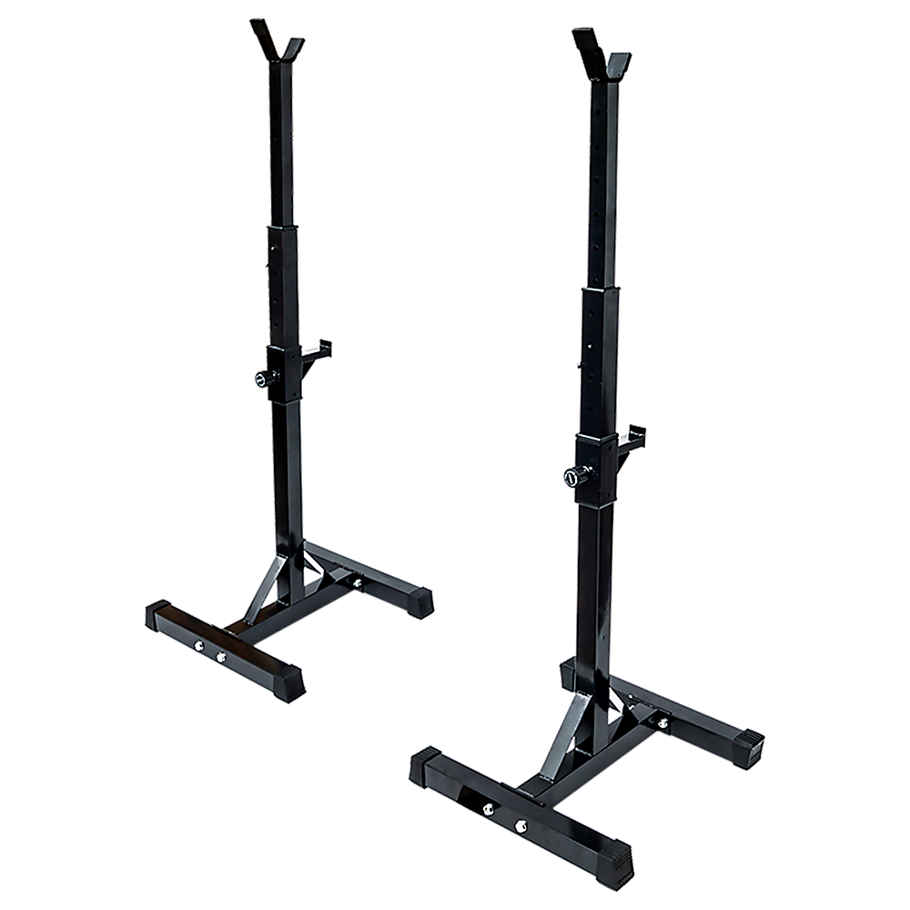 Black adjustable squat stands for home gym weightlifting, sturdy metal construction with safety pegs