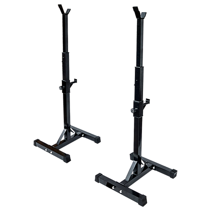 Black adjustable squat stands for home gym weightlifting, sturdy metal construction with safety pegs