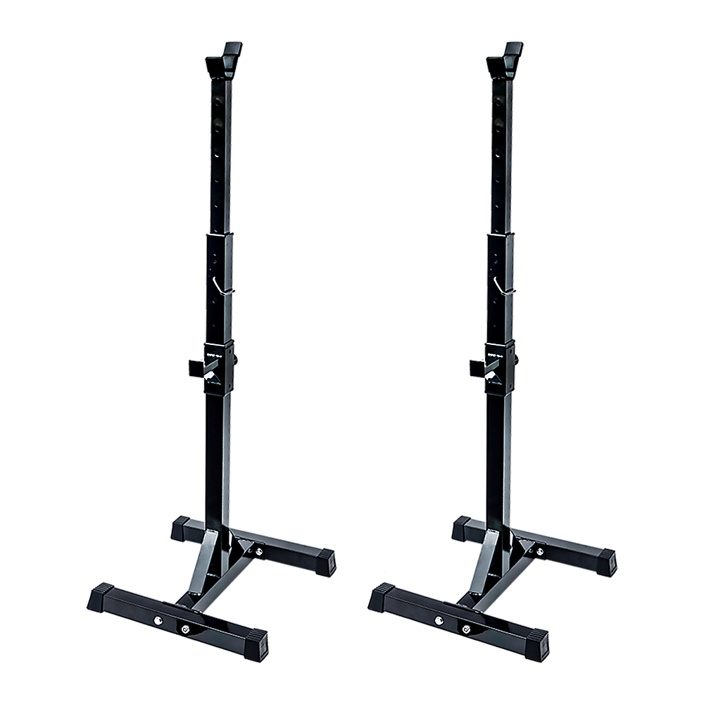 Black adjustable squat racks for home gym weightlifting, sturdy metal construction with safety pins