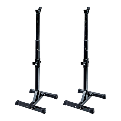 Black adjustable squat racks for home gym weightlifting, sturdy metal construction with safety pins