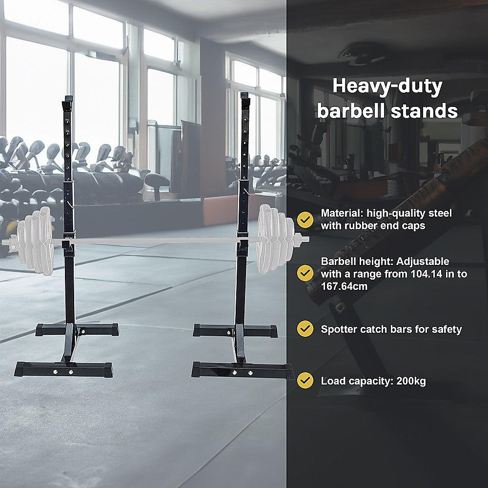 Heavy-duty barbell stands with adjustable height and 200kg load capacity for gym workouts