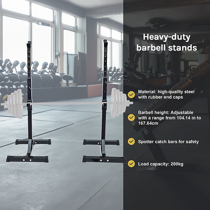 Heavy-duty barbell stands with adjustable height and 200kg load capacity for gym workouts