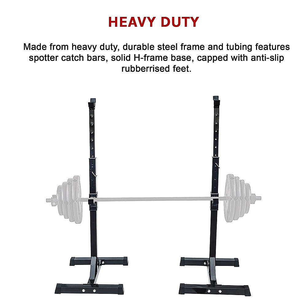 Heavy duty steel squat rack with spotter bars and anti-slip feet for home gym workouts